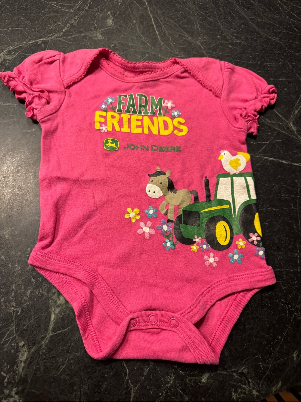 John Deere Pink 'Farm Friends' Tractor Graphic One-Piece 3/6 months horse flower